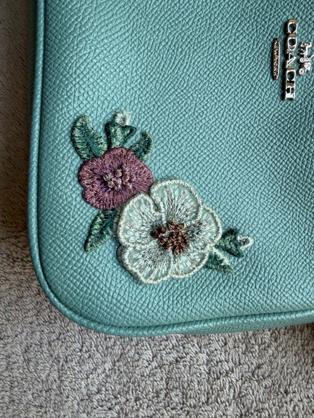 Coach Aqua Floral Applique Leather Shoulder Bag with Chain Strap - Picture 3 of 3